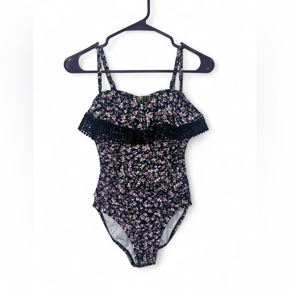 Kona Sol Floral Ruffle One Piece Swimsuit Women's Small NWT Cottagecore Tropical